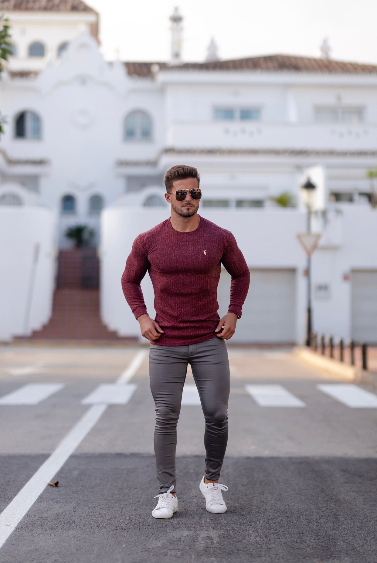 Classic Claret Ribbed Knit Jumper With Gold Metal Emblem - FSH538