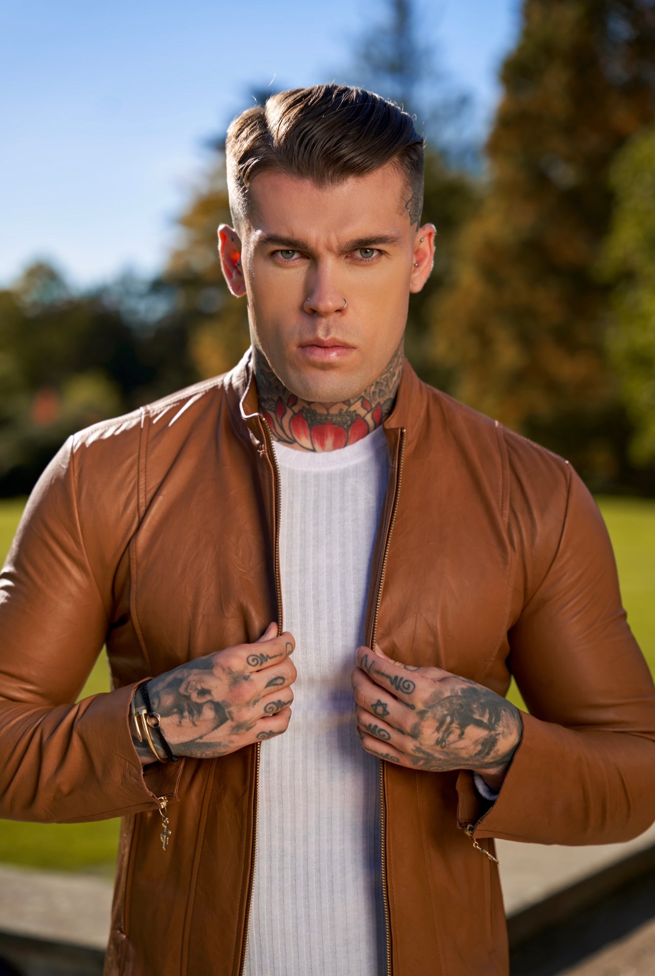 Tan Lambs Leather Jacket with Gold Zips - FSH793