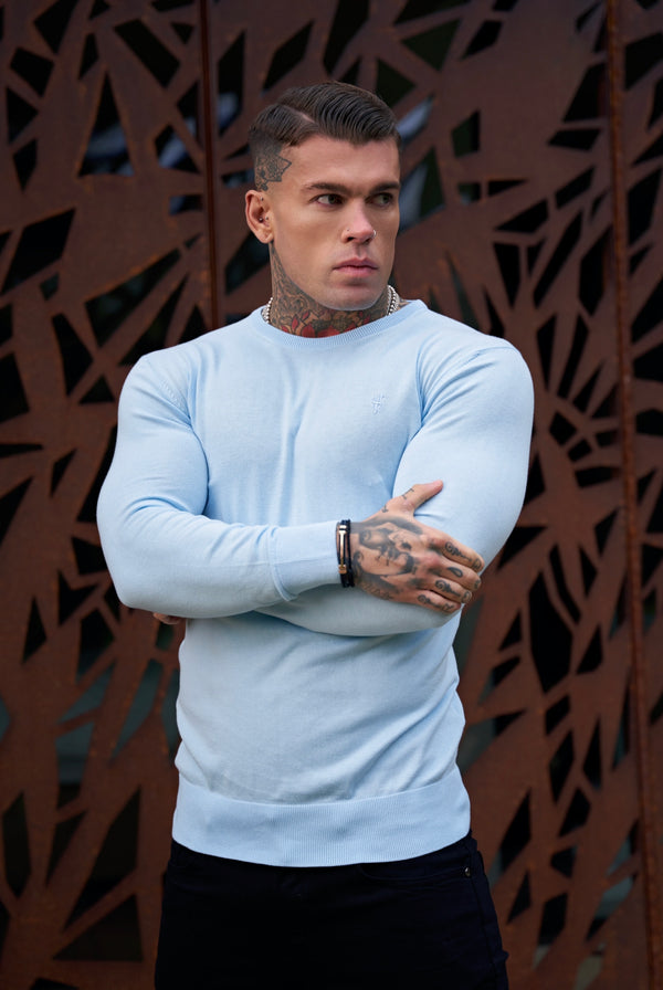 Father Sons Classic Sky Blue Light Weight Knitted Crew Neck with Blue Embroidery - FSN091