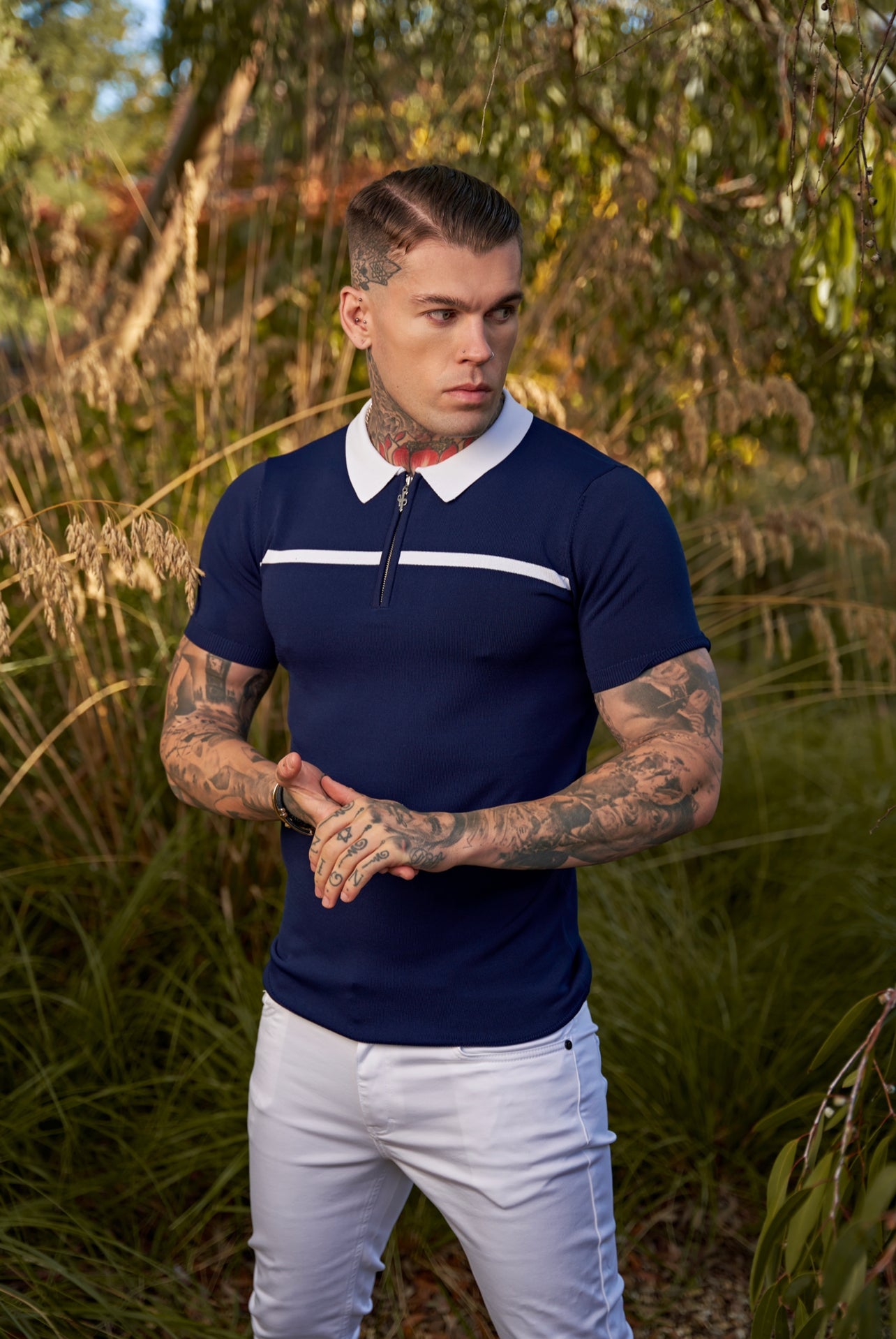Classic Navy / White Horizontal Stripe Zipped Polo Short Sleeve - FSN039