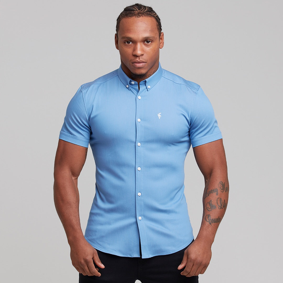 Super Slim Stretch Light Blue Denim Short Sleeve - FS200