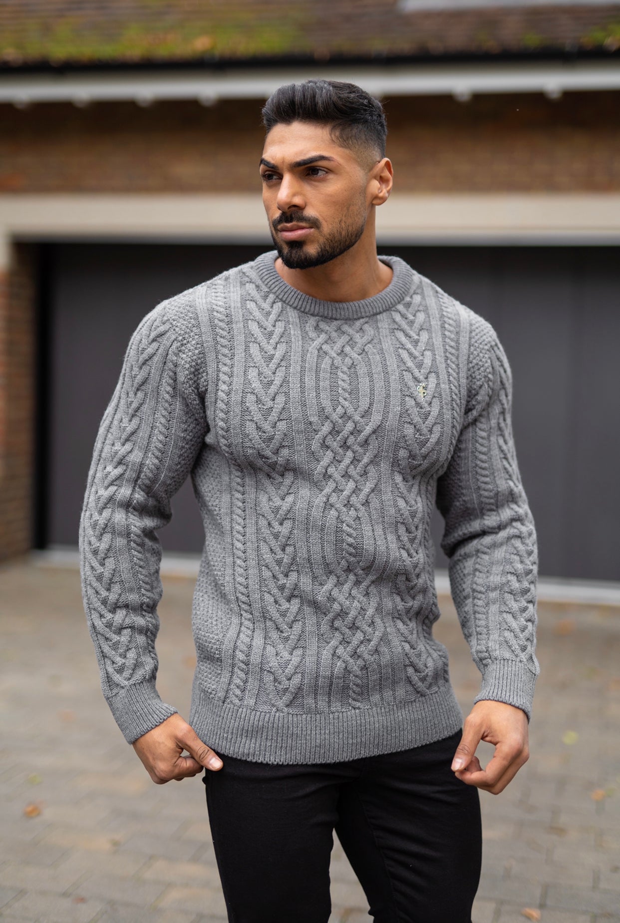 Grey Twisted Braid Weave Super Slim Jumper With Silver Decal - FSJ035