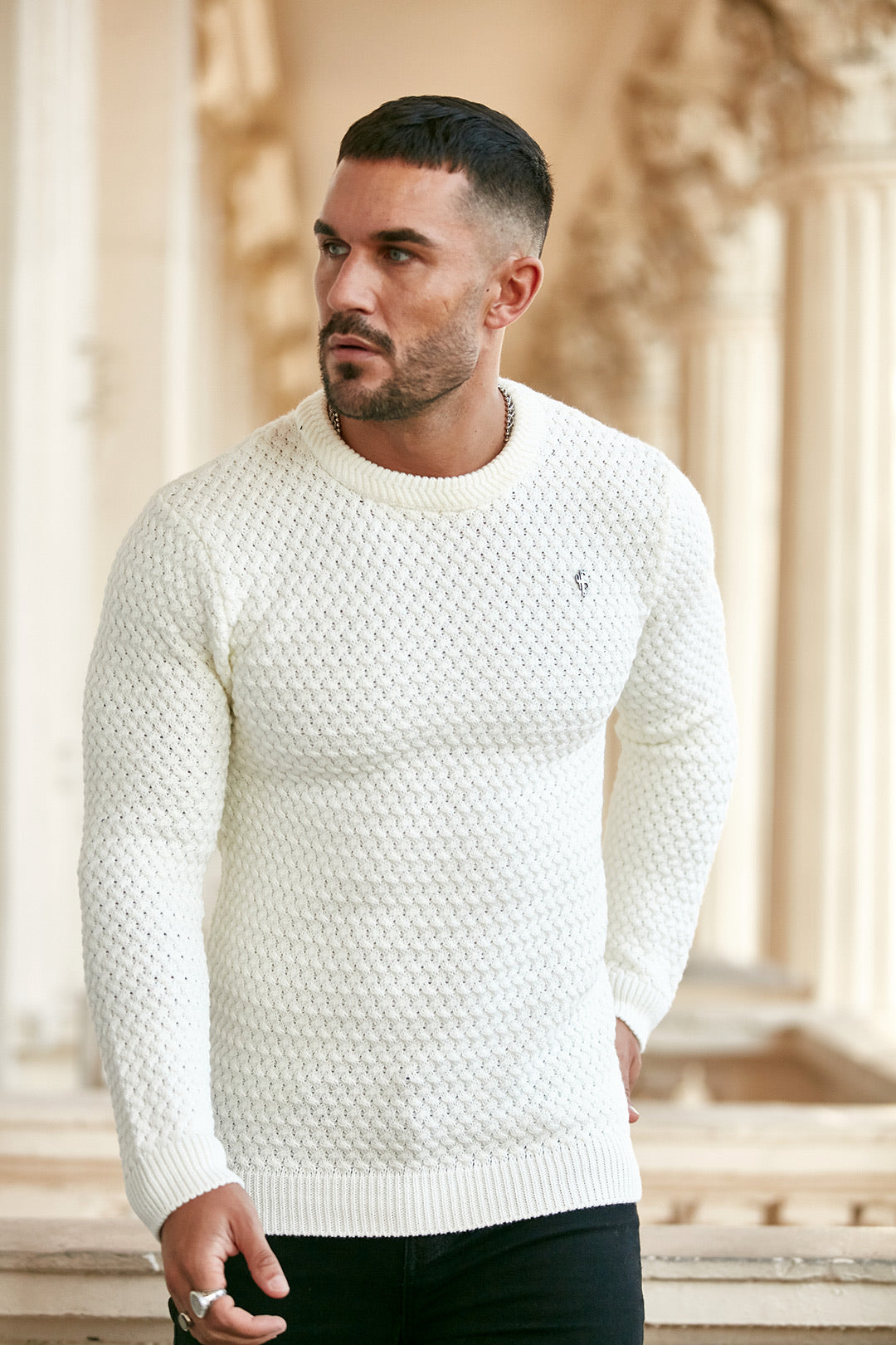 Cream Knitted Weave Super Slim Jumper With Metal Decal - FSJ012