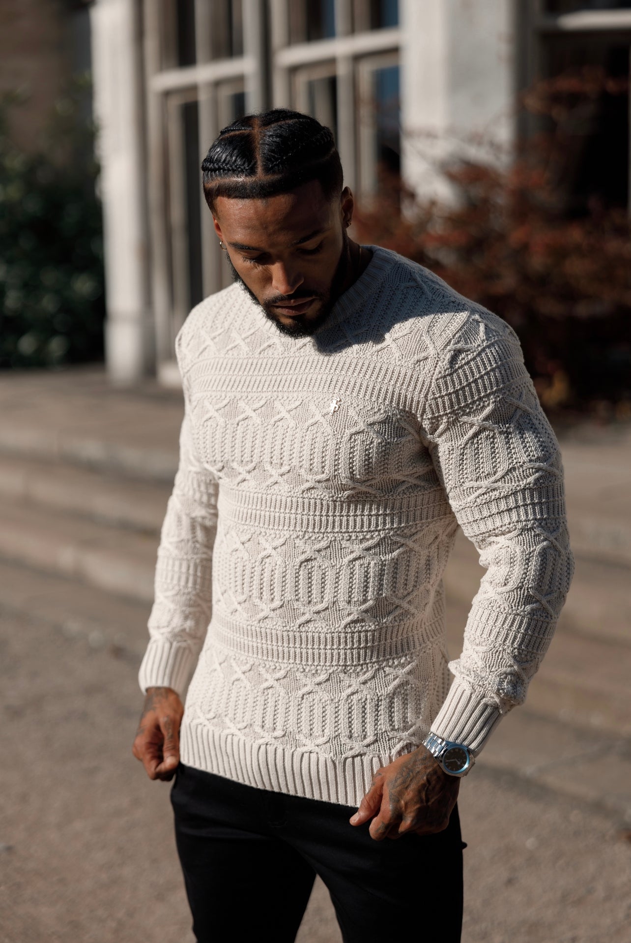 Oatmeal Knitted Cable Link Crew Super Slim Jumper With Metal Decal - FSN071