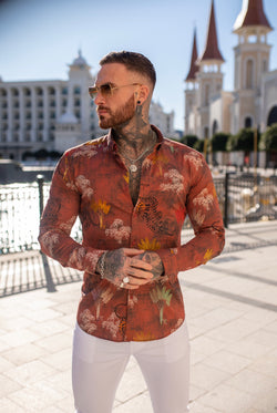 Father Sons Super Slim Stretch Burgundy Tiger Print Long Sleeve with Button Down Collar - FS804