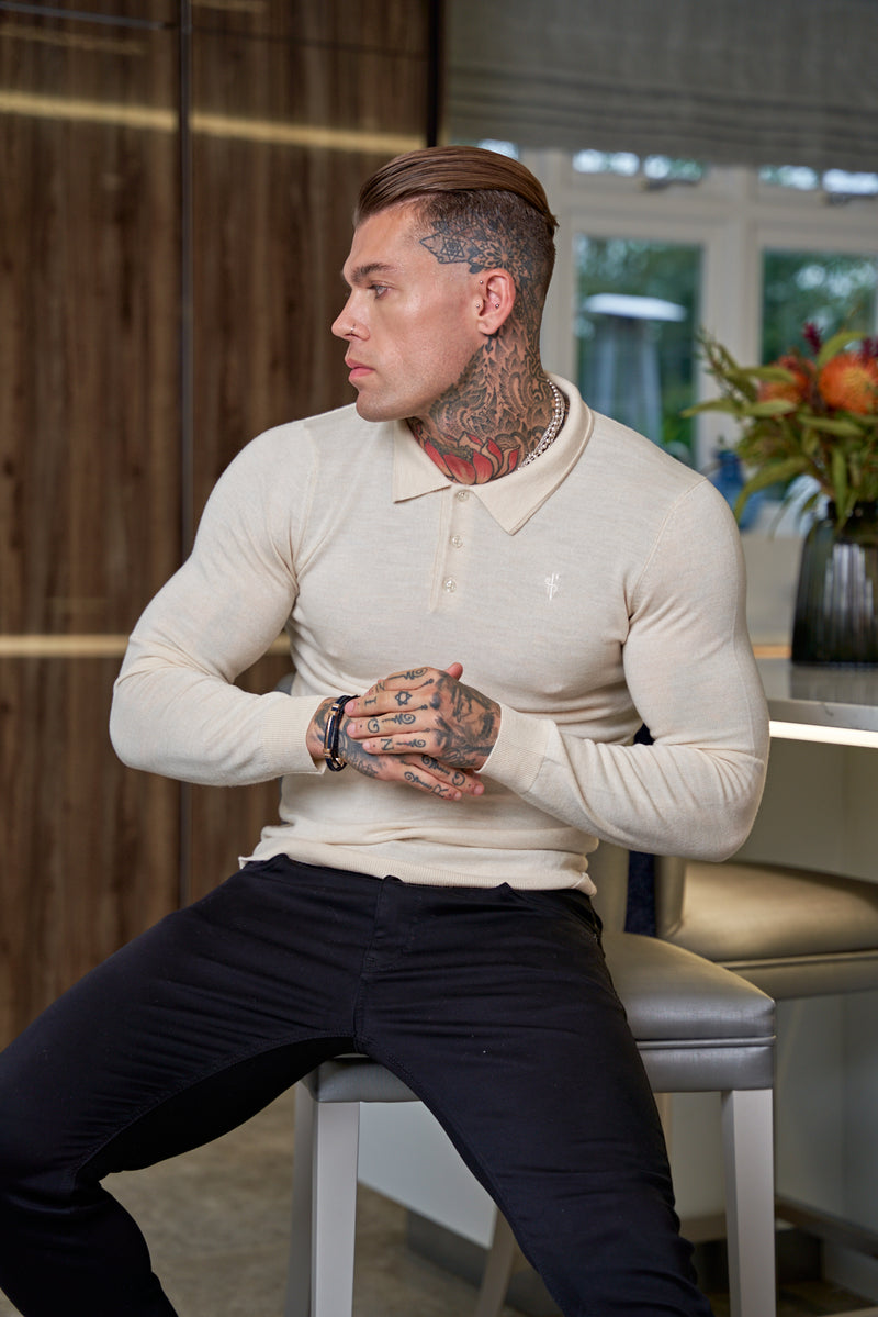 Father Sons Classic Beige Merino Wool Knitted Polo Jumper Long Sleeve With FS Embroidery- FSN016