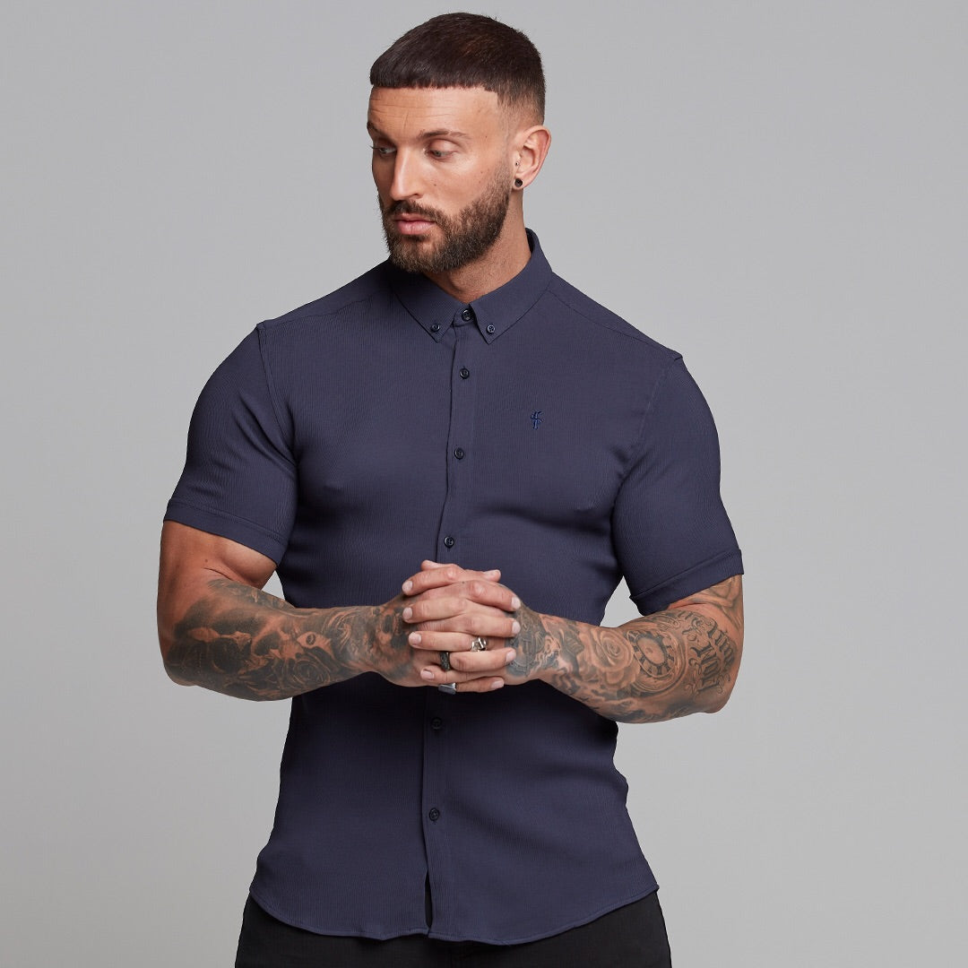Super Slim Stretch Ribbed Navy Short Sleeve - FS442