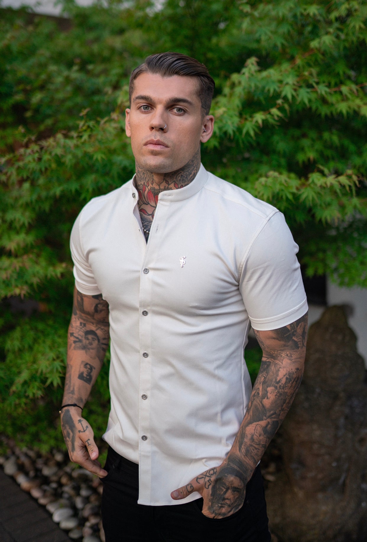 Super Slim Stretch Cream Denim Short Sleeve Grandad collar with Metal Buttons and Decal Emblem - FS726