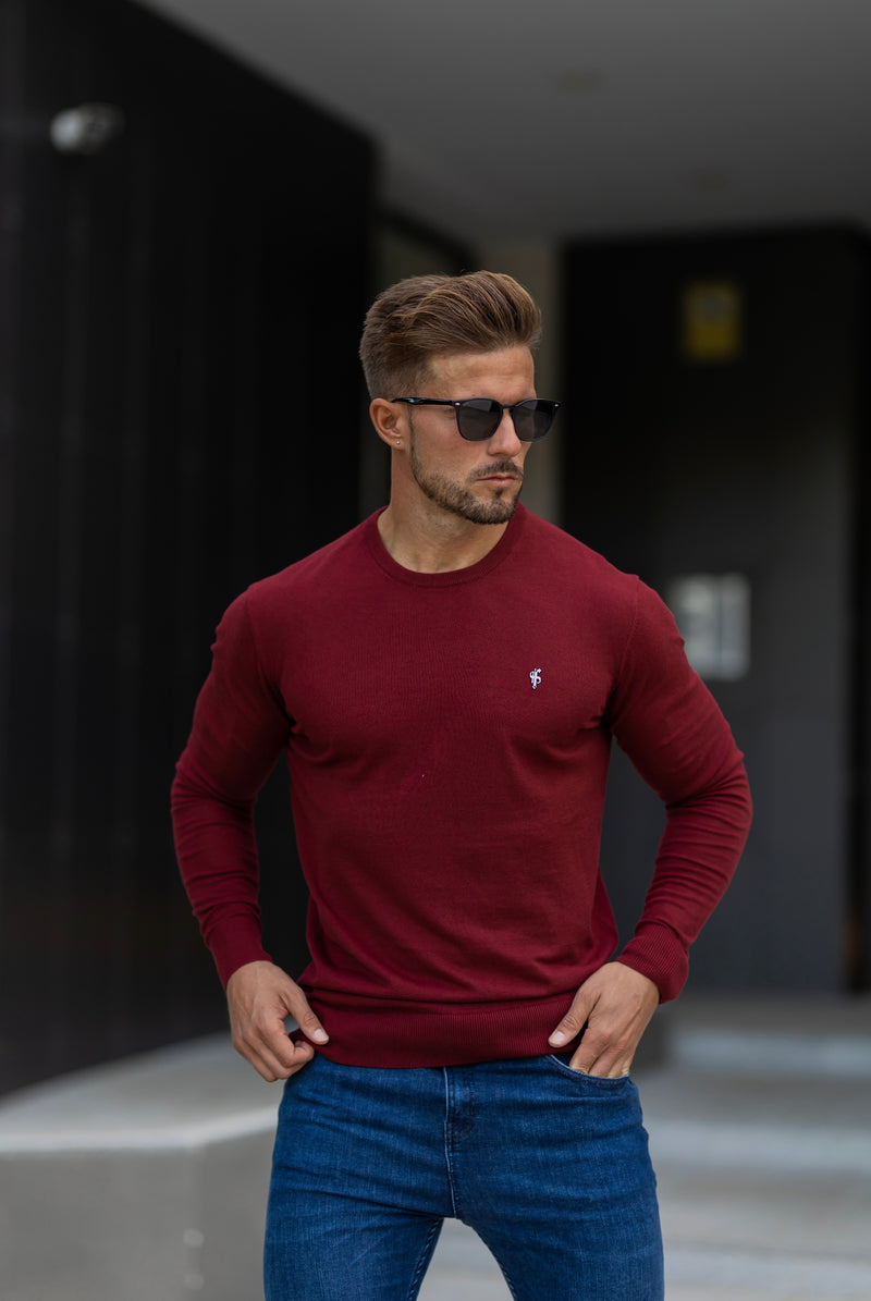 Father Sons Classic Burgundy Light Weight Knitted Crew Neck with Metal Decal - FSN097