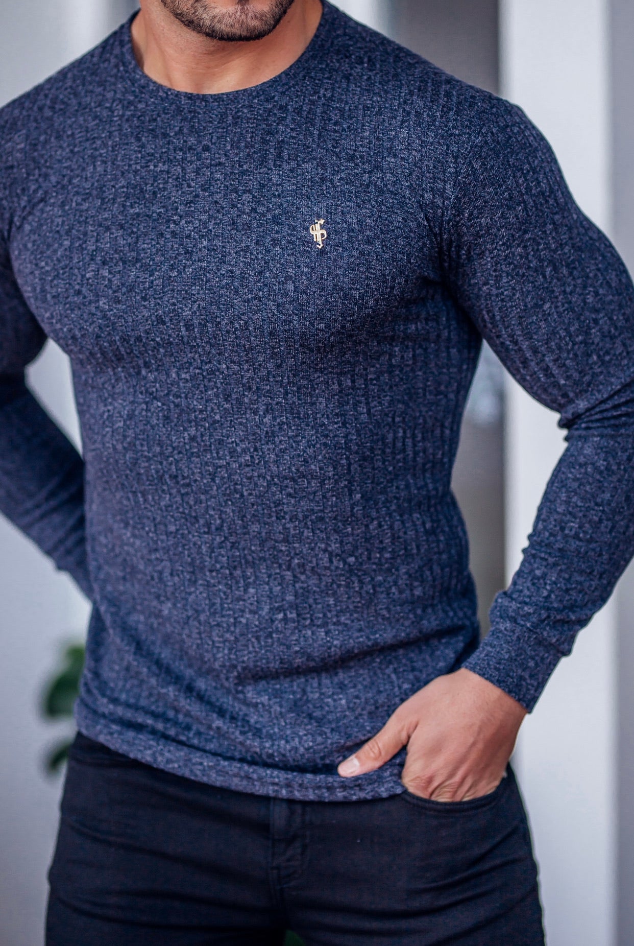 Classic Navy Ribbed Knit Jumper With Gold Emblem - FSH539