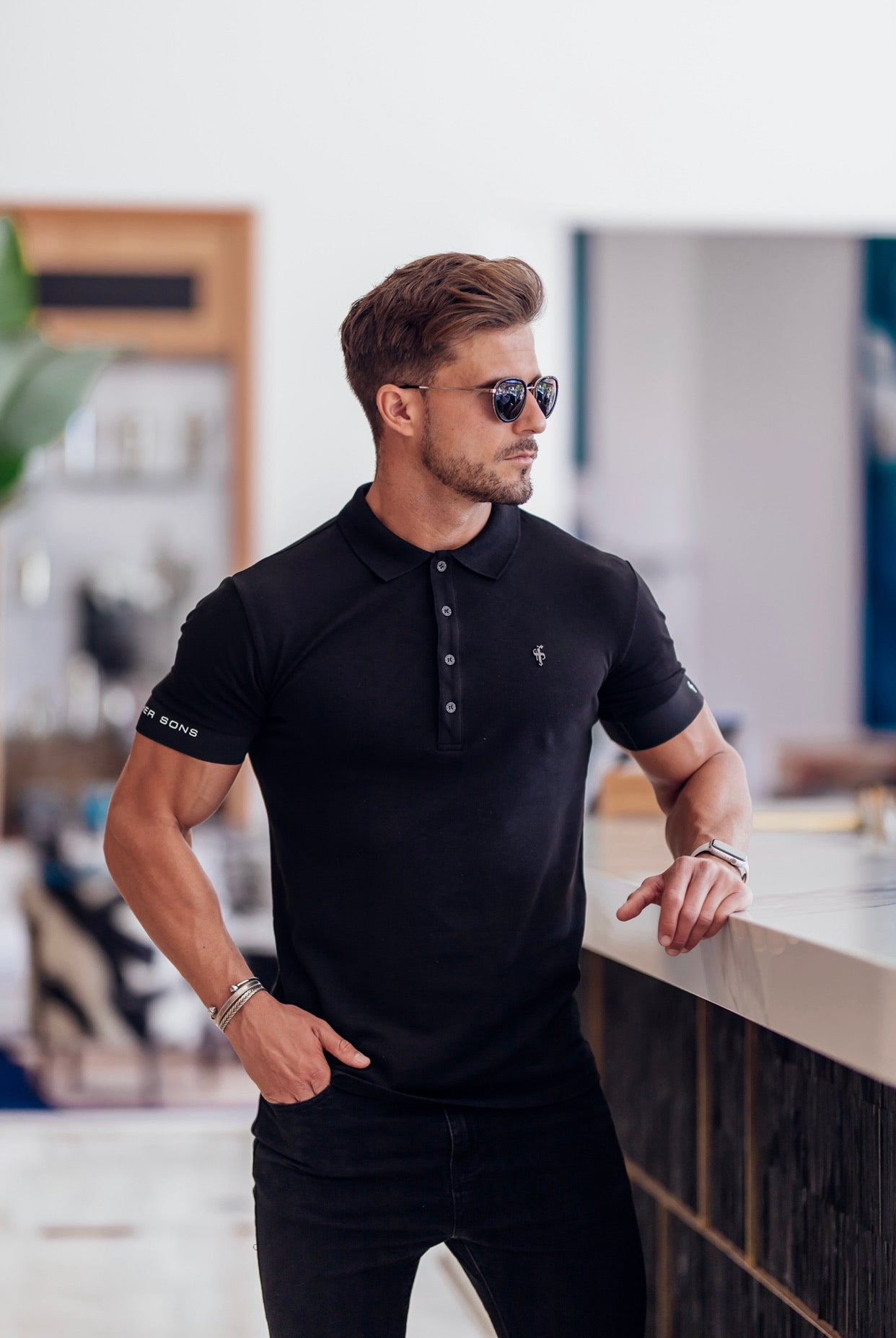 Classic Black Polo with FS Elastic Sleeve Branding and Black Metal Emblem - FSH631