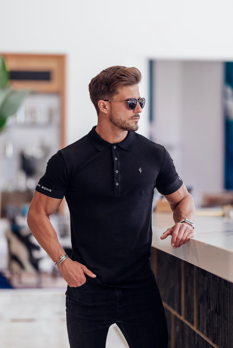 Father Sons Classic Black Polo with FS Elastic Sleeve Branding and Bla