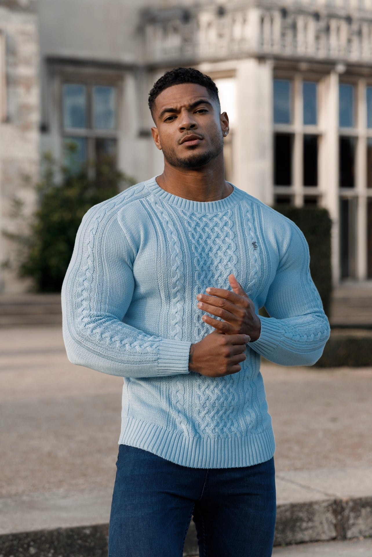 Sky Blue Knitted Cable Saddle Crew Super Slim Jumper With Metal Decal - FSN081