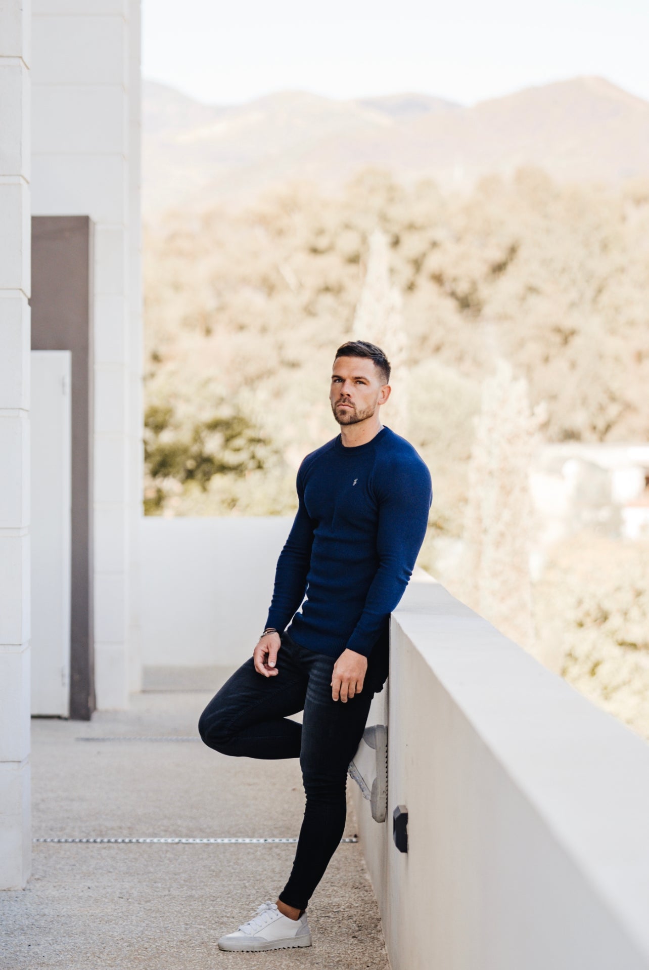 Navy Knitted Honeycomb Raglan Crew Super Slim Jumper With Metal Decal - FSN060