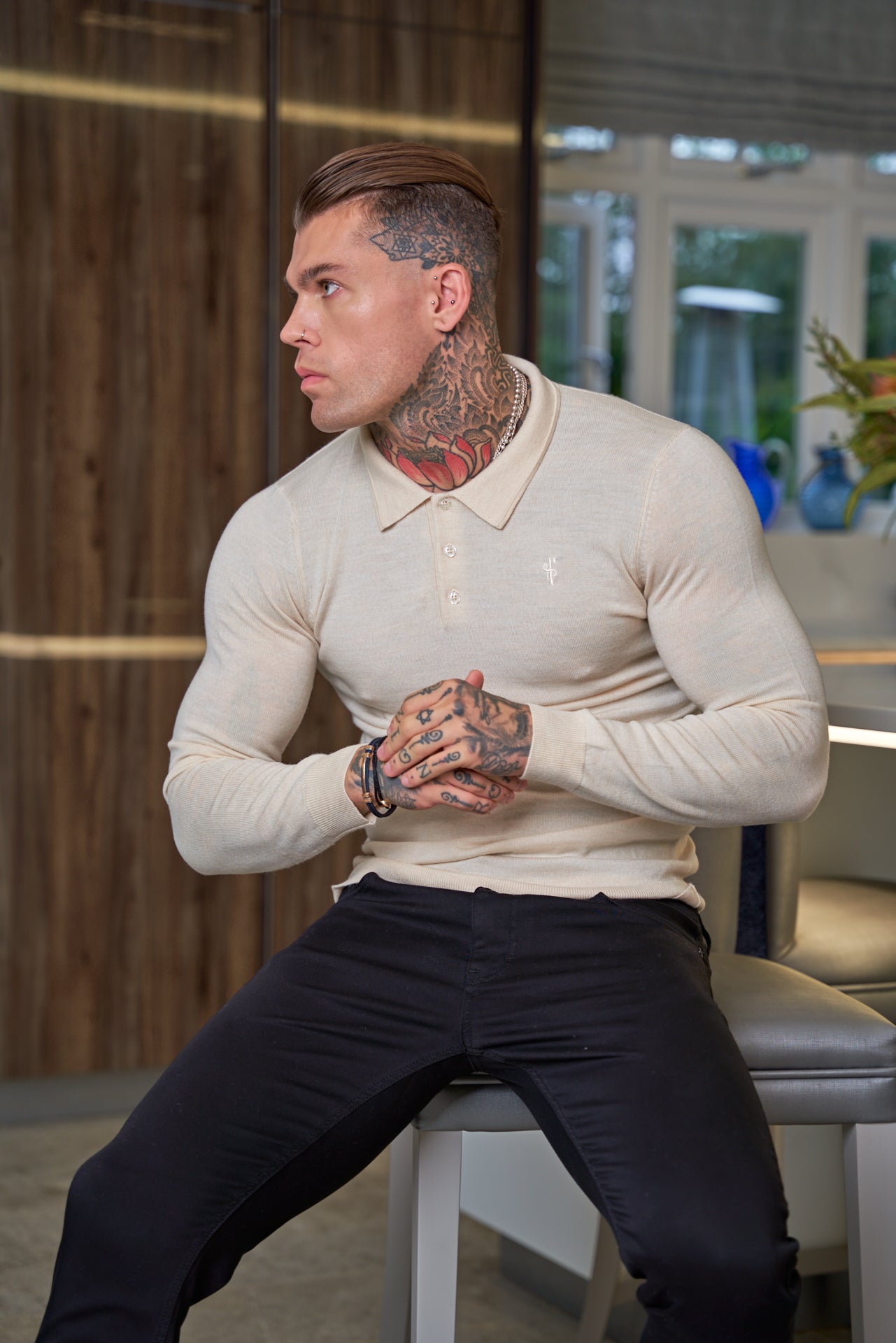 Classic Beige Merino Wool Knitted Polo Jumper Long Sleeve With FS Embroidery- FSN016