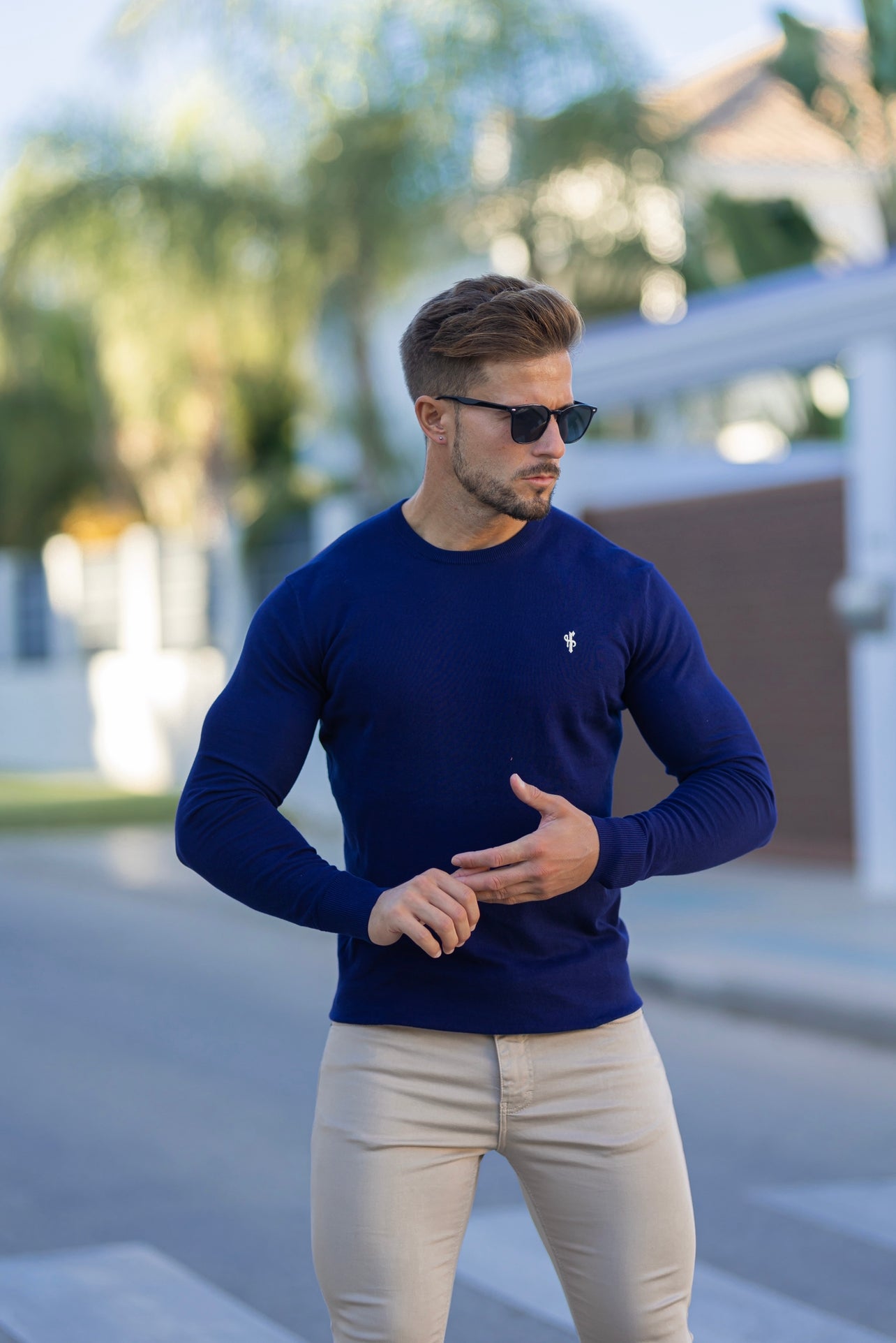 Classic Navy Crew Neck Knitted Jumper with Yellow Embroidery - FSN089