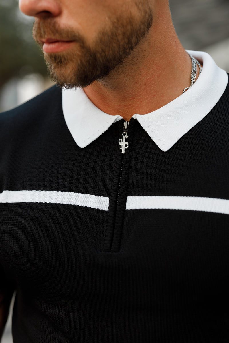 Father Sons Classic Black / White Horizontal Stripe Zipped Polo Short Sleeve - FSN038