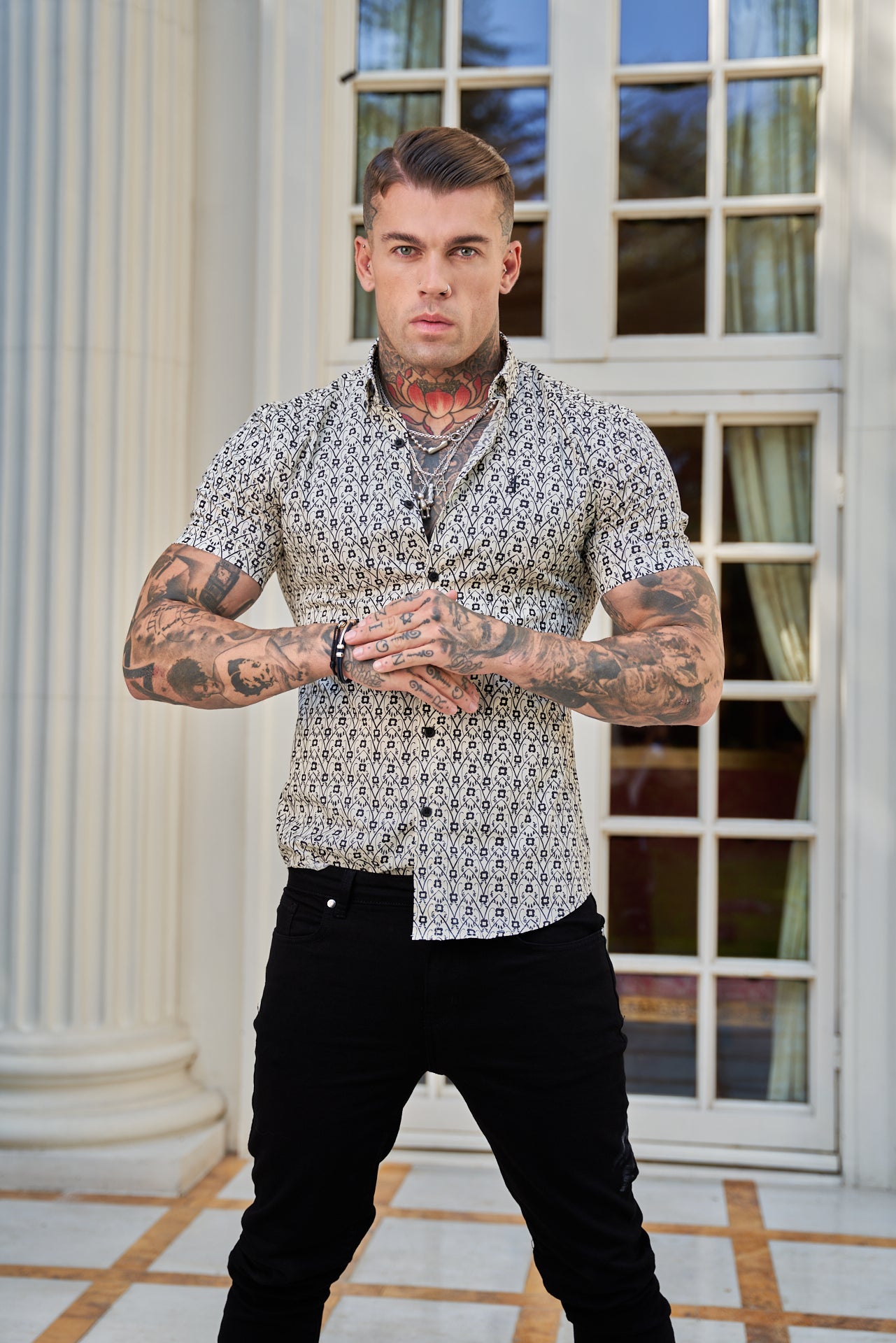Super Slim Stretch Ecru / Black Geo Flower Print Short Sleeve with Button Down Collar - FS788