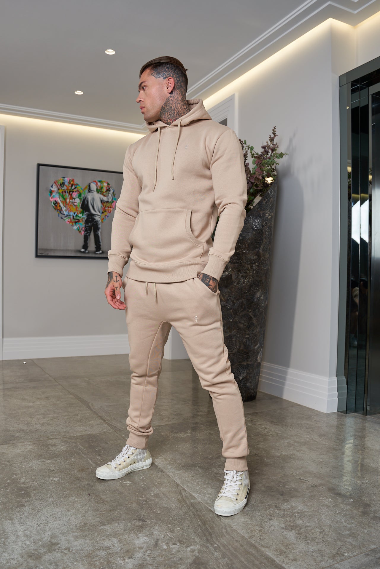 Beige Kangaroo Hoodie Top with FS Embroidery - FSH695