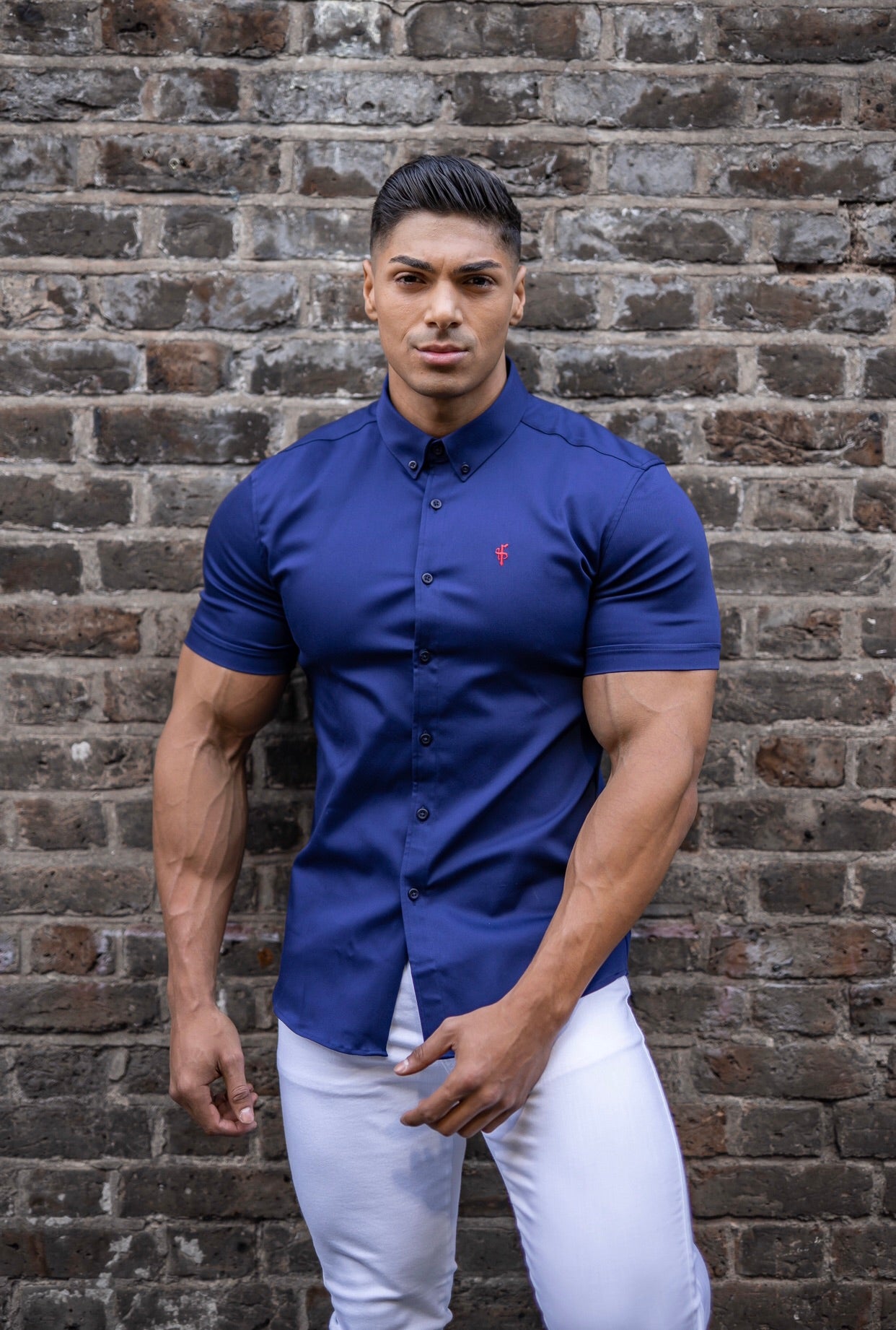 Super Slim Stretch Navy Denim Short Sleeve (Red Emblem) - FS199