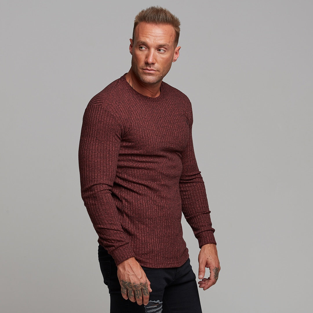 Classic Burgundy Ribbed Knit Super Slim Crew - FSH113