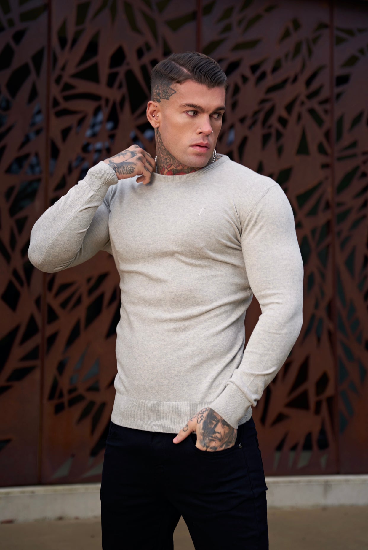 Classic Light Grey Marl Crew Neck Knitted Jumper with Tonal Emblem - FSH674