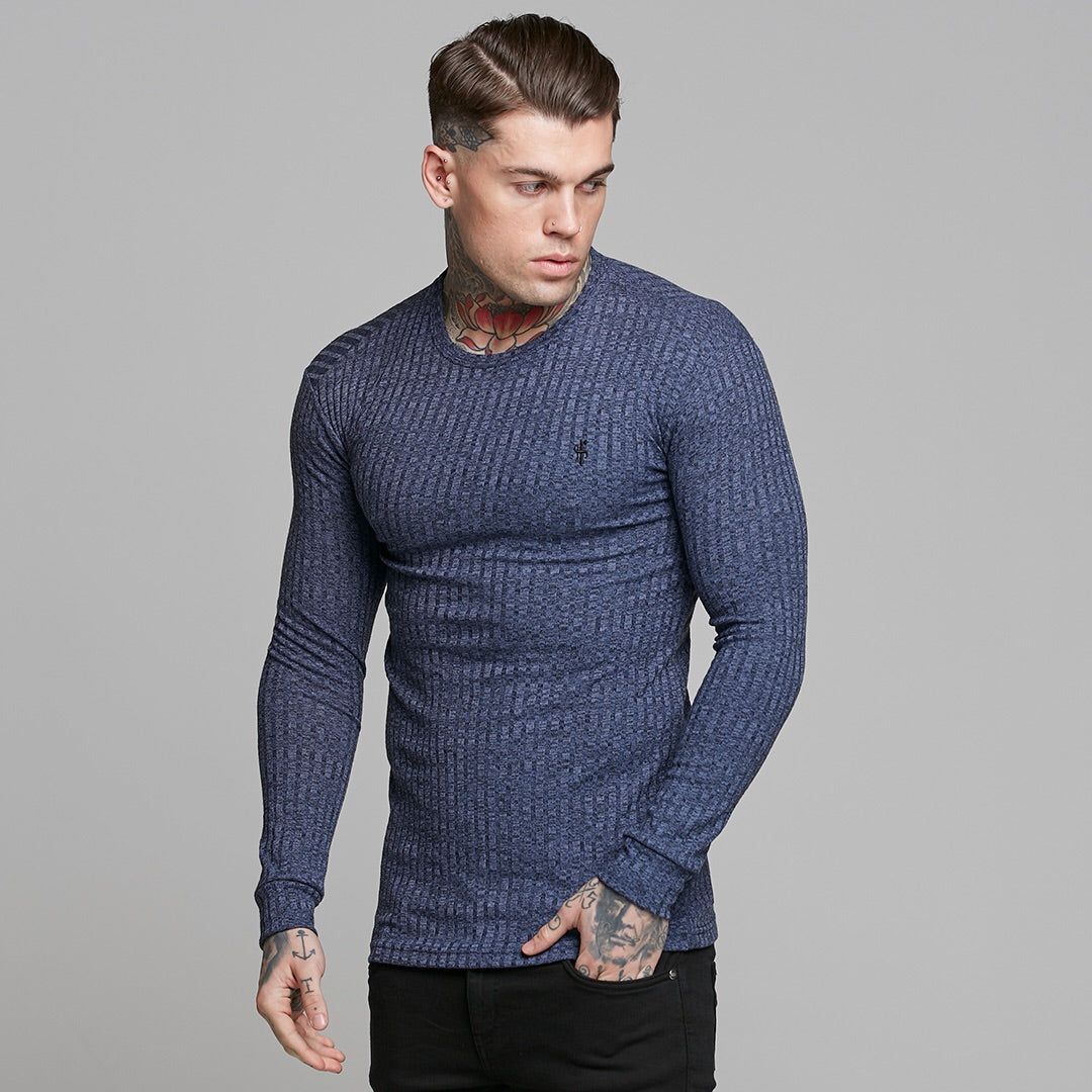 Classic Navy Ribbed Knit Super Slim Crew - FSH114