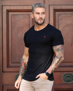 Father Sons Classic Black / Red Ribbed Knit Super Slim Short Sleeve Crew - FSH770