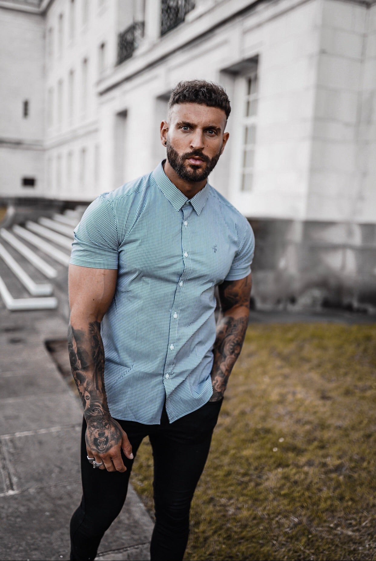 Super Slim Stretch Black Gingham Short Sleeve (Grey Emblem) - FS578