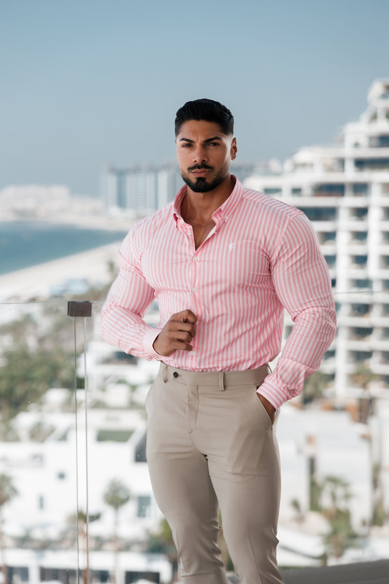 Father Sons Super Slim Stretch White / Pink Stripe Print Long Sleeve with Button Down Collar - FS888