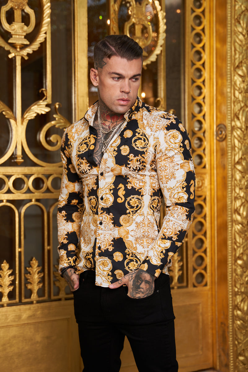 Father Sons Super Slim Stretch Black Gold Shell Print Long Sleeve with Button Down Collar - FS773
