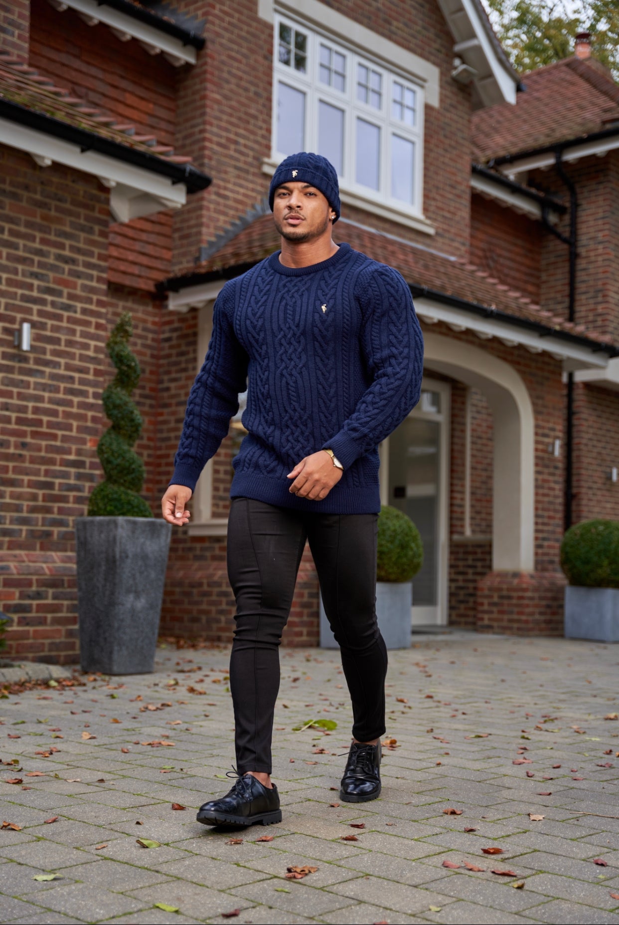 Navy Twisted Braid Weave Super Slim Jumper With Gold Decal - FSJ036