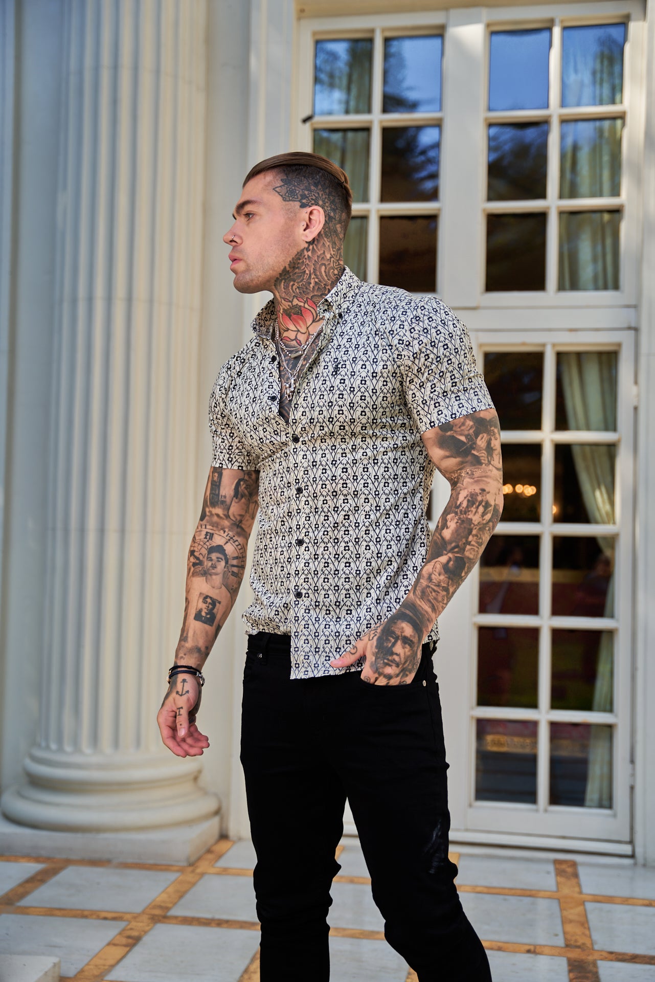Super Slim Stretch Ecru / Black Geo Flower Print Short Sleeve with Button Down Collar - FS788
