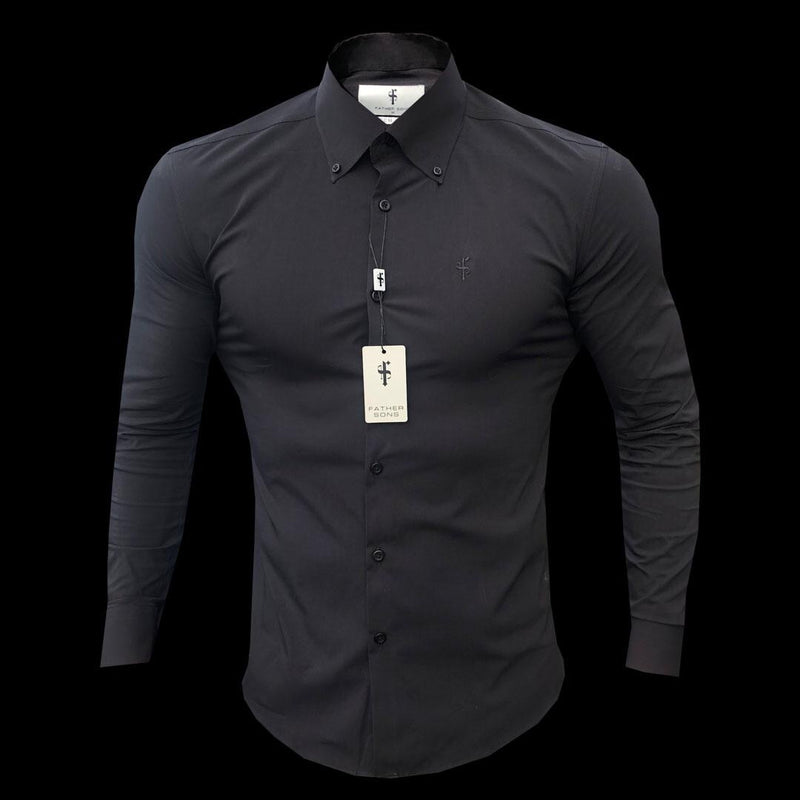 Father Sons Classic Black Stretch Shirt with Button Down Collar and Black Embroidery - FS563