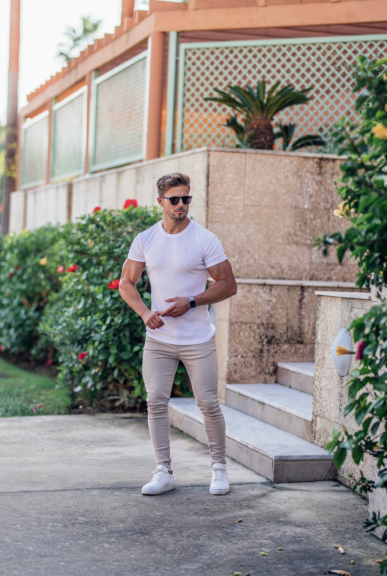 Classic White Rib Crew T Shirt With Silver Decal - FSH636