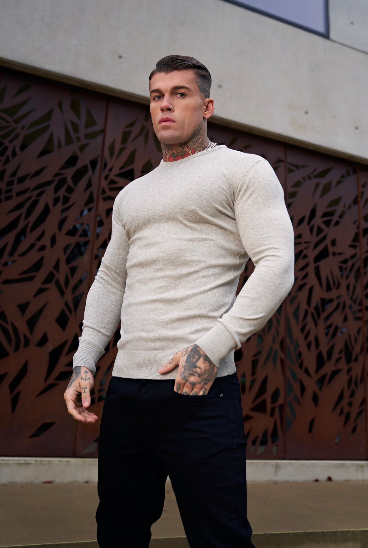 Classic Light Grey Marl Crew Neck Knitted Jumper with Tonal Emblem - FSH674