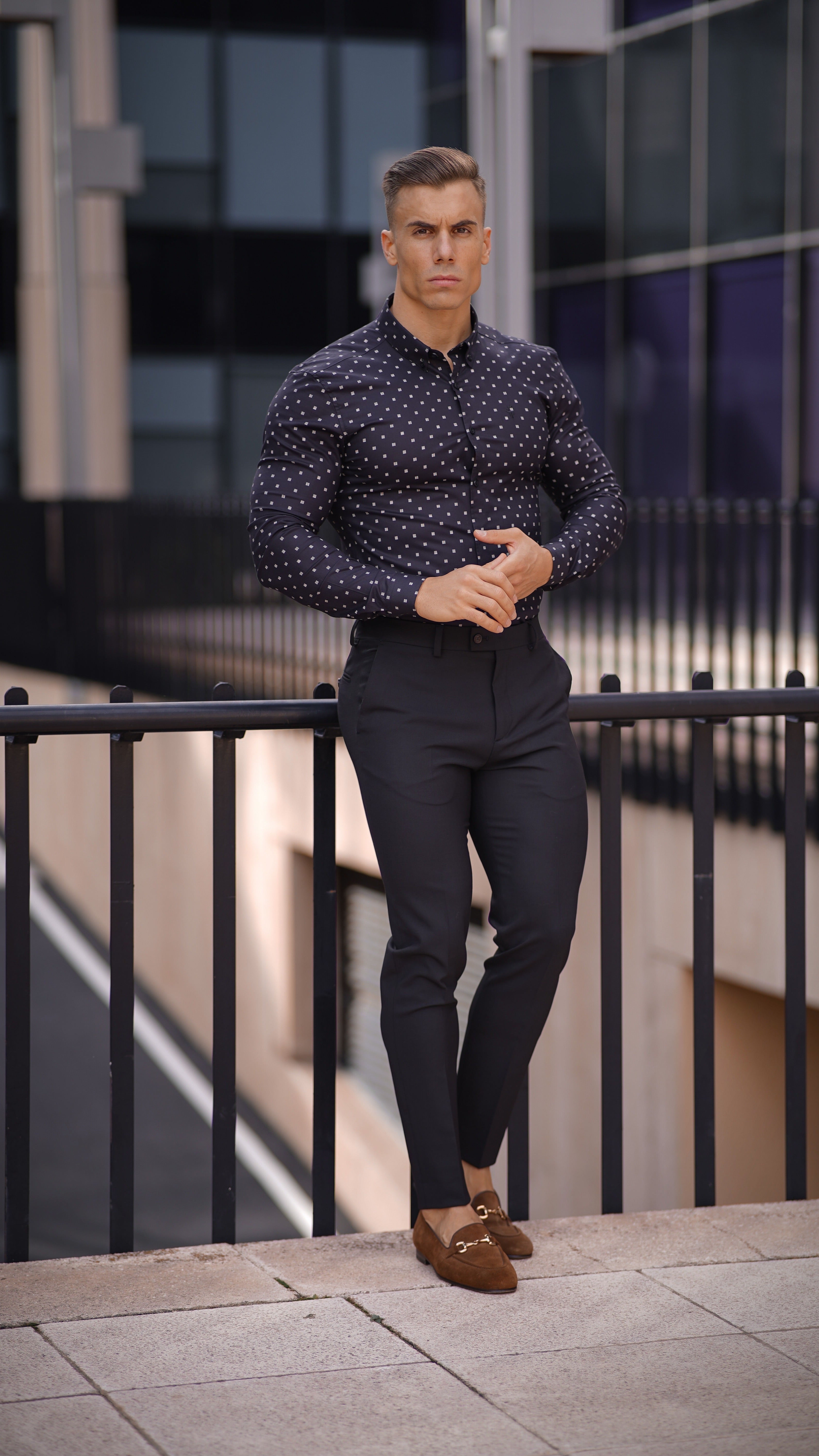 Super Slim Stretch Black & Off White Broken Square Print Long Sleeve - FS662