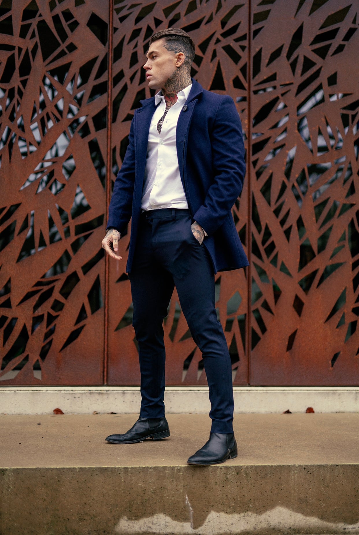 Slim Cashmere Funnel Neck Coat Navy - FSCOAT003