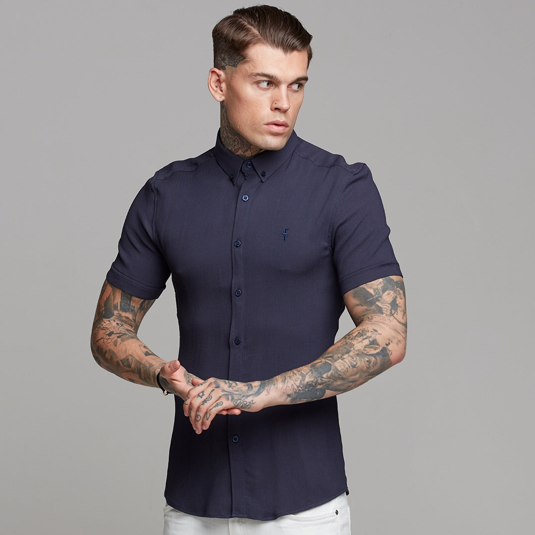 Super Slim Stretch Ribbed Navy Short Sleeve - FS442