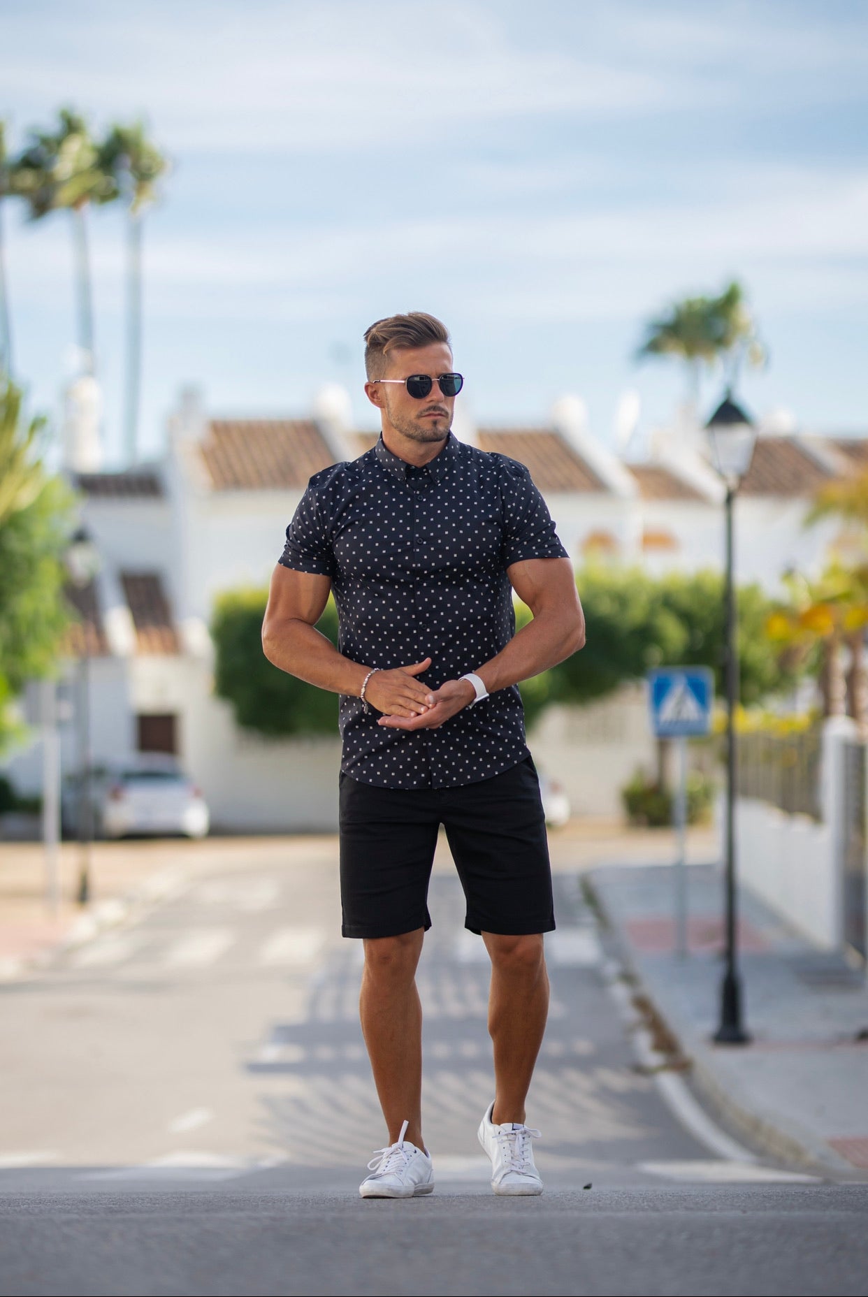 Super Slim Stretch Black & Off White Broken Square Print Short Sleeve - FS691