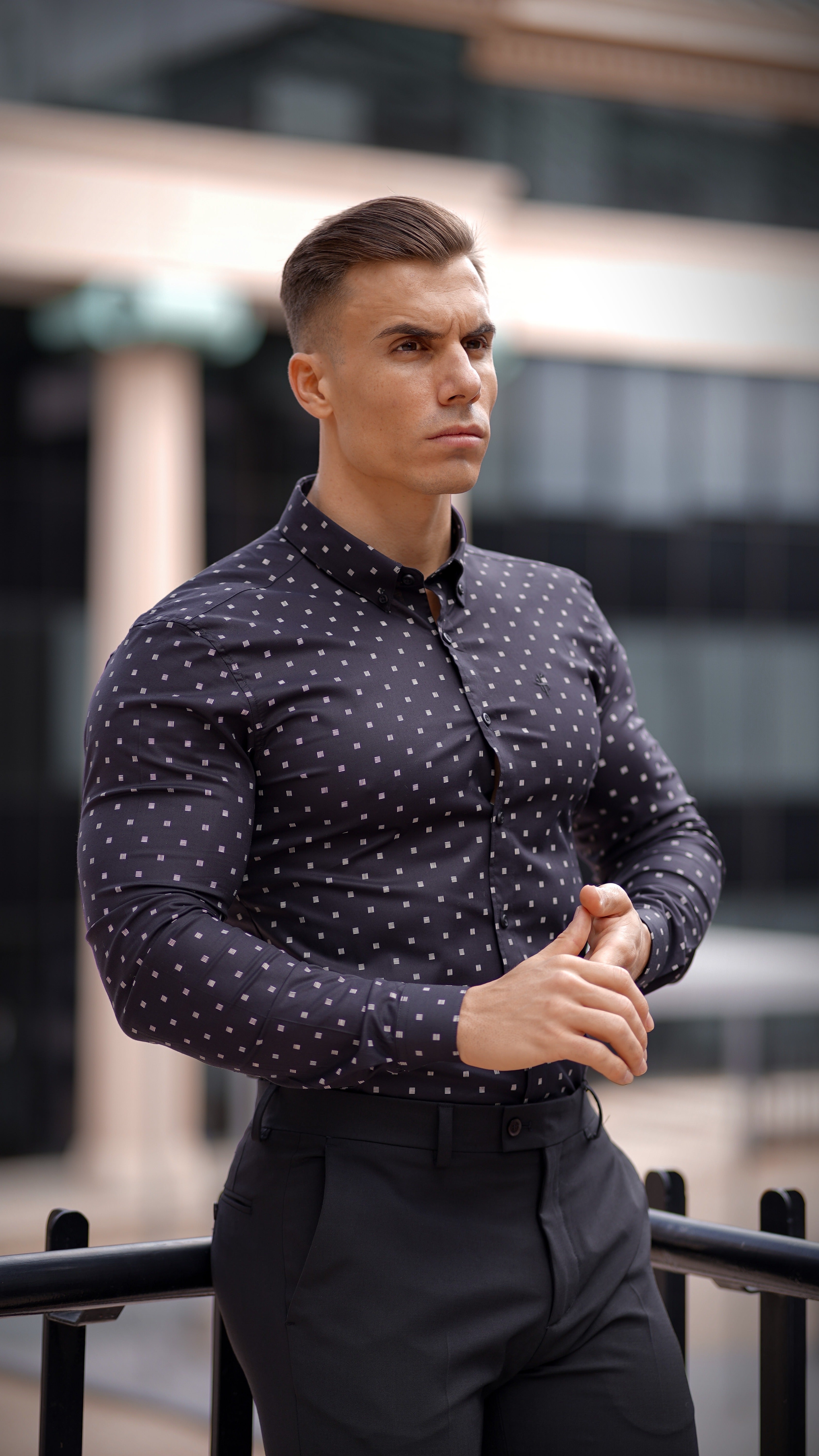 Super Slim Stretch Black & Off White Broken Square Print Long Sleeve - FS662