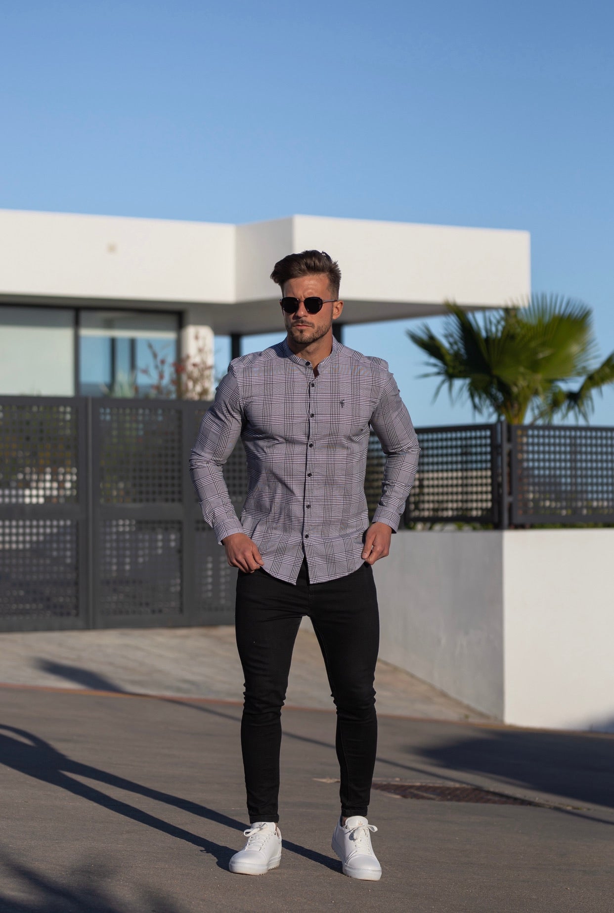 Super Slim Stretch Prince Of Wales White and Black Print Check Long Sleeve with Grandad Collar- FS746