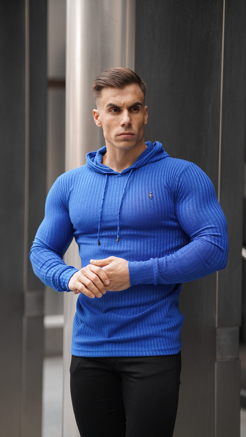 Father Sons Classic Royal Blue Ribbed Knit Hoodie Jumper With Black Emblem - FSH597