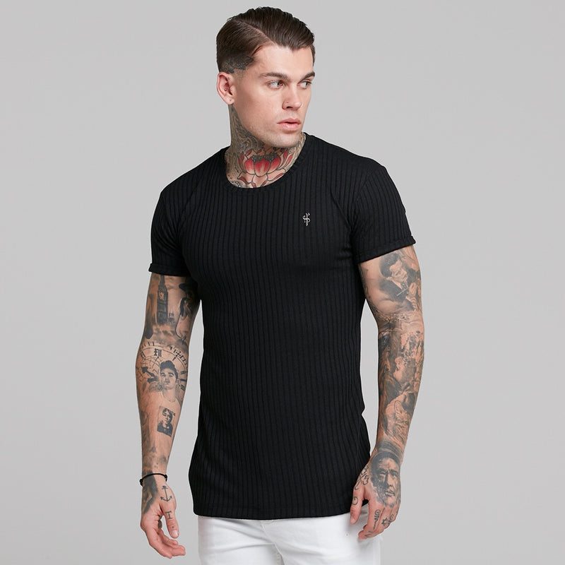 Father Sons Classic Black Ribbed Knit Super Slim Short Sleeve Crew - FSH241