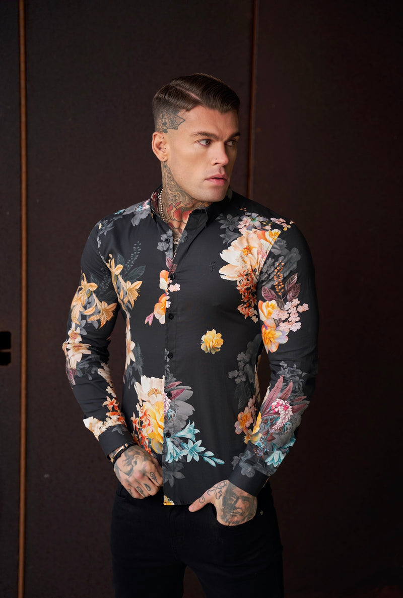 Father Sons Super Slim Stretch Black Mixed Lily Floral Print Long Sleeve with Button Down Collar - FS854