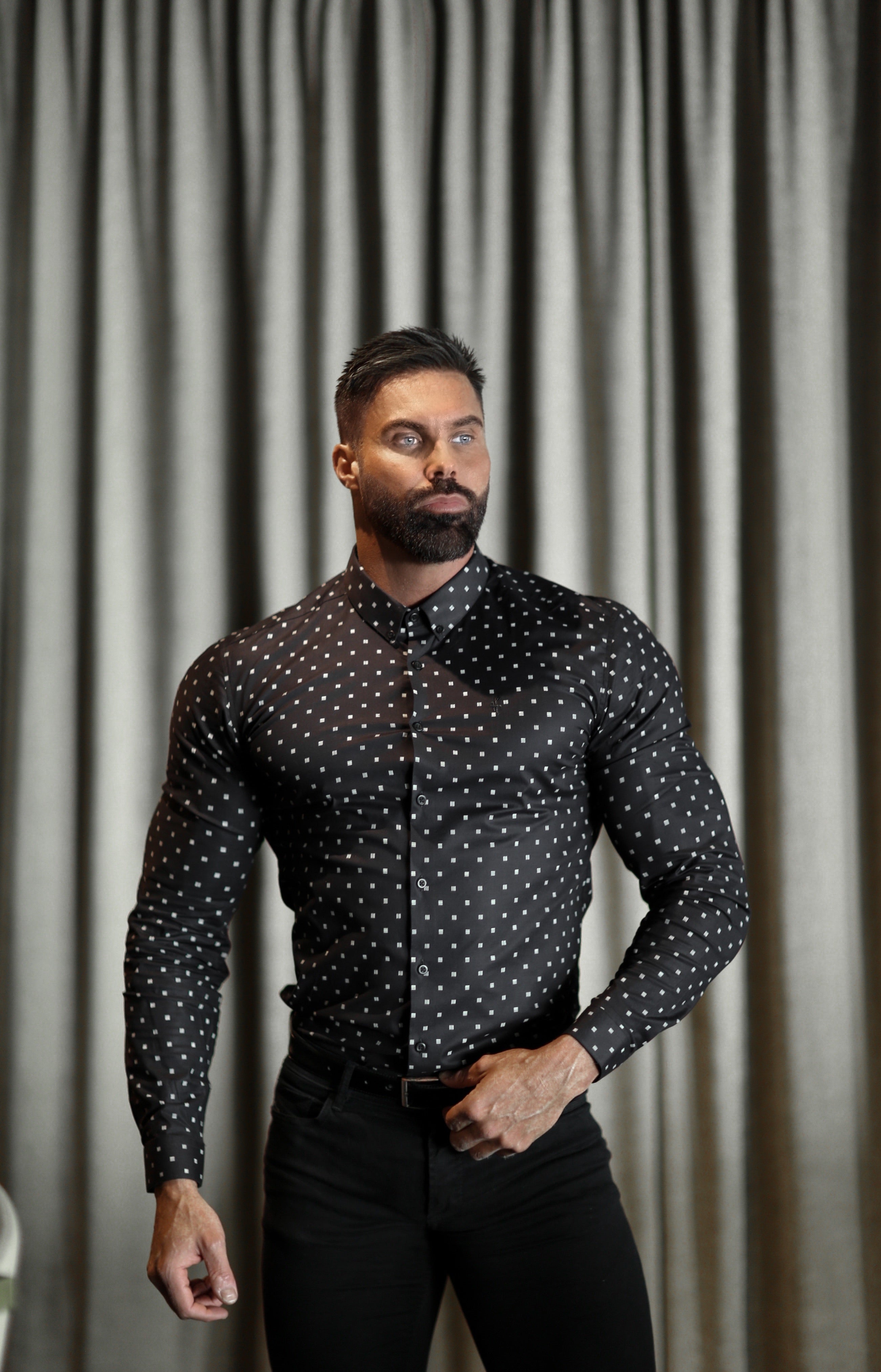 Super Slim Stretch Black & Off White Broken Square Print Long Sleeve - FS662