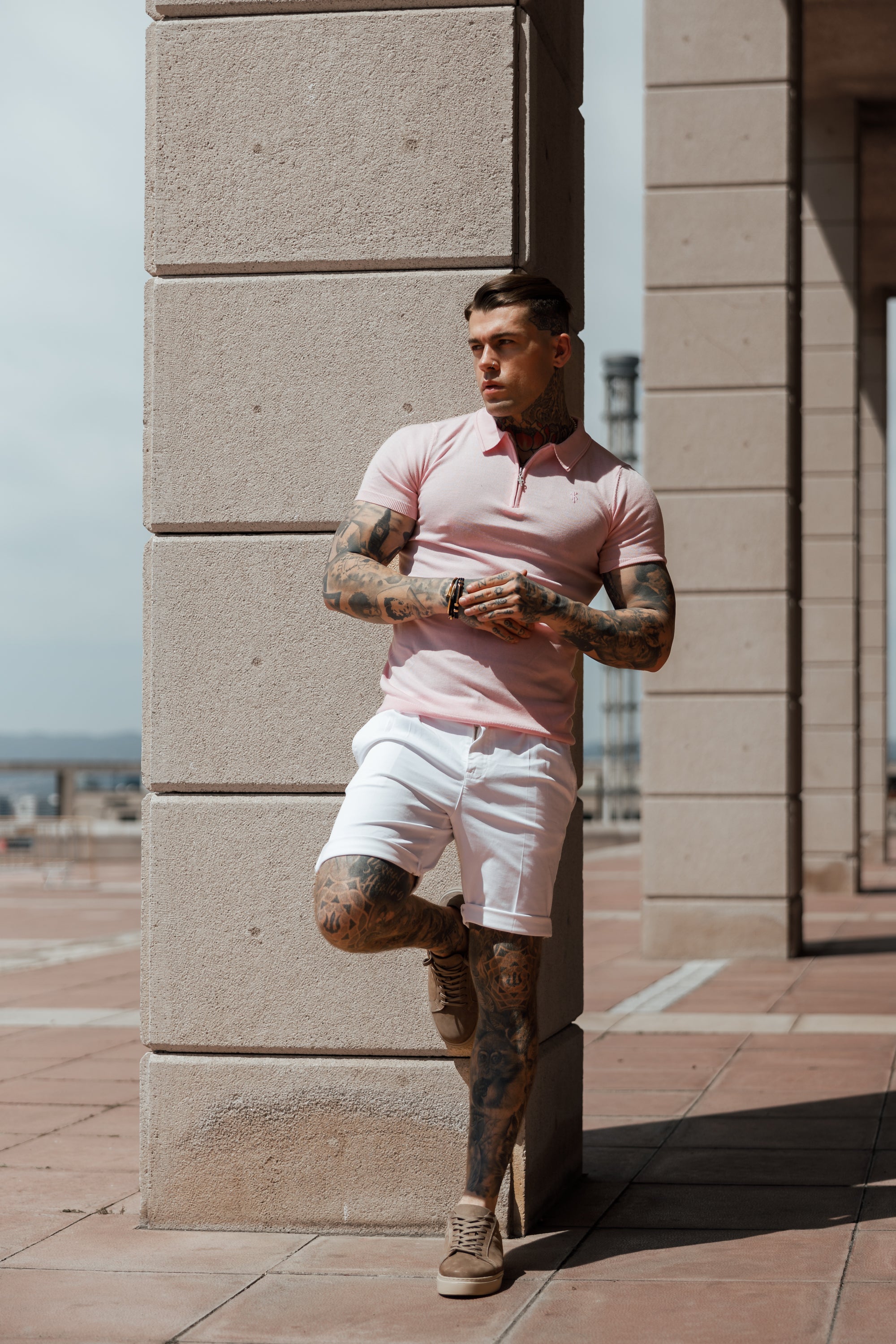 Classic Pale Pink Merino Wool Knitted Zip Polo Short Sleeve Jumper With FS Embroidery- FSN029