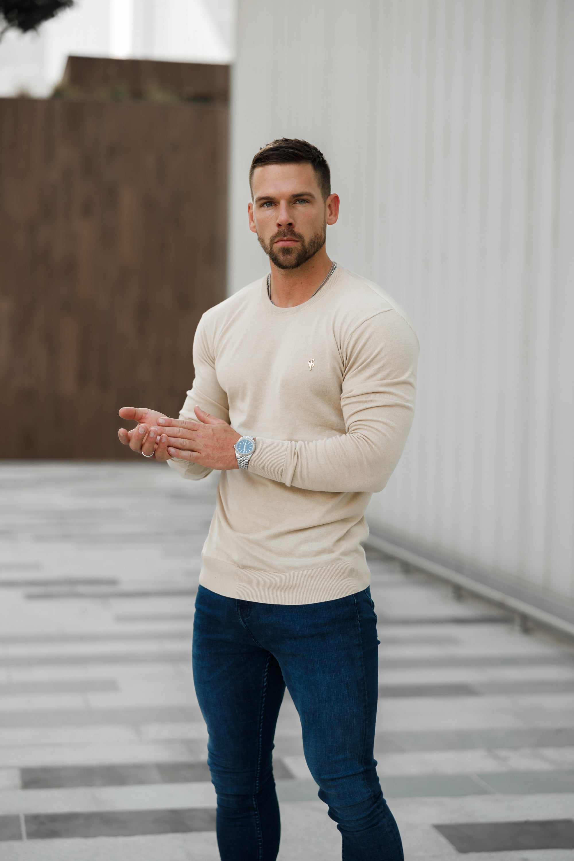 Classic Beige Light Weight Knitted Crew Neck with Gold Metal Decal - FSN093