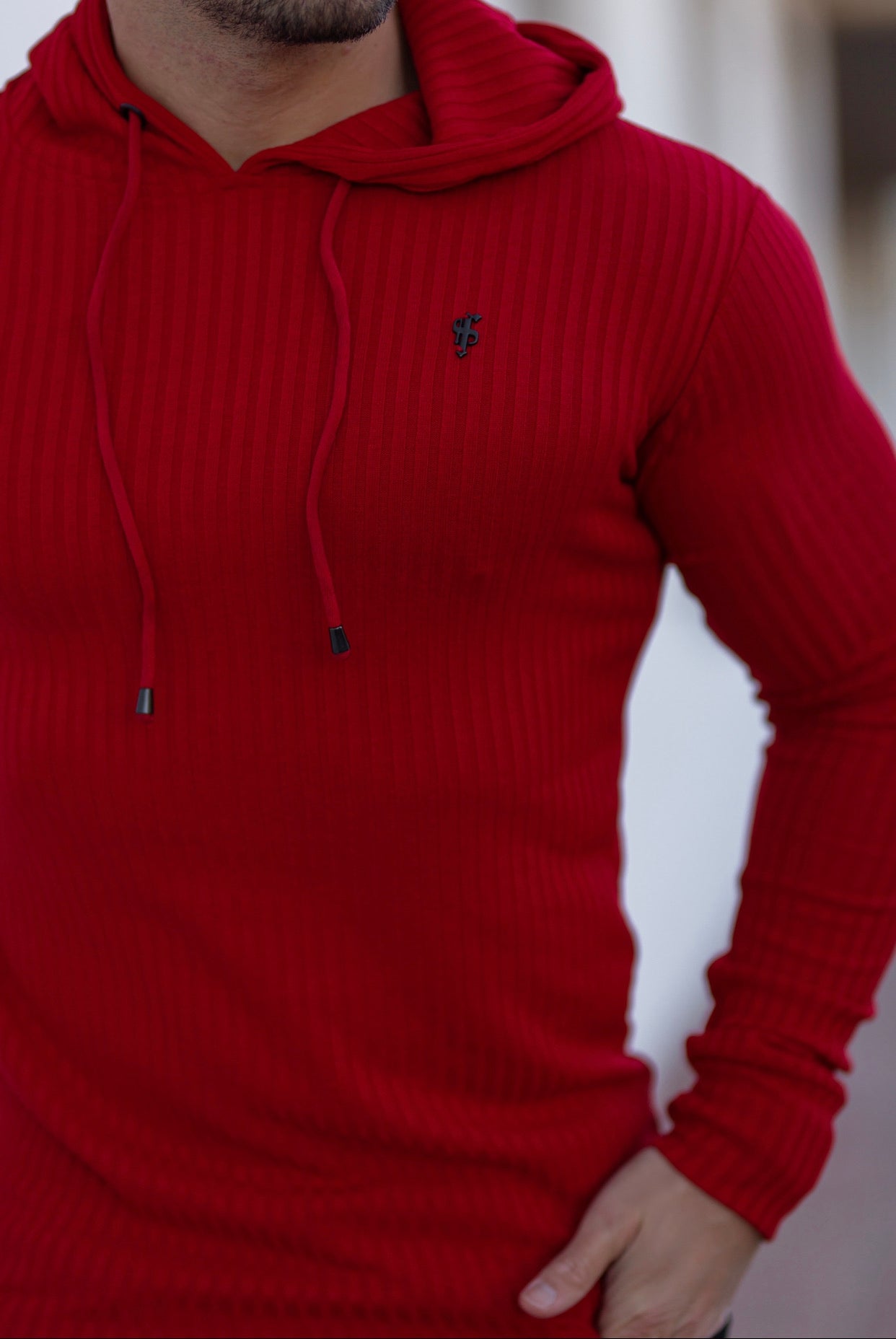 Classic Red Ribbed Knit Hoodie Jumper With Black Emblem - FSH620