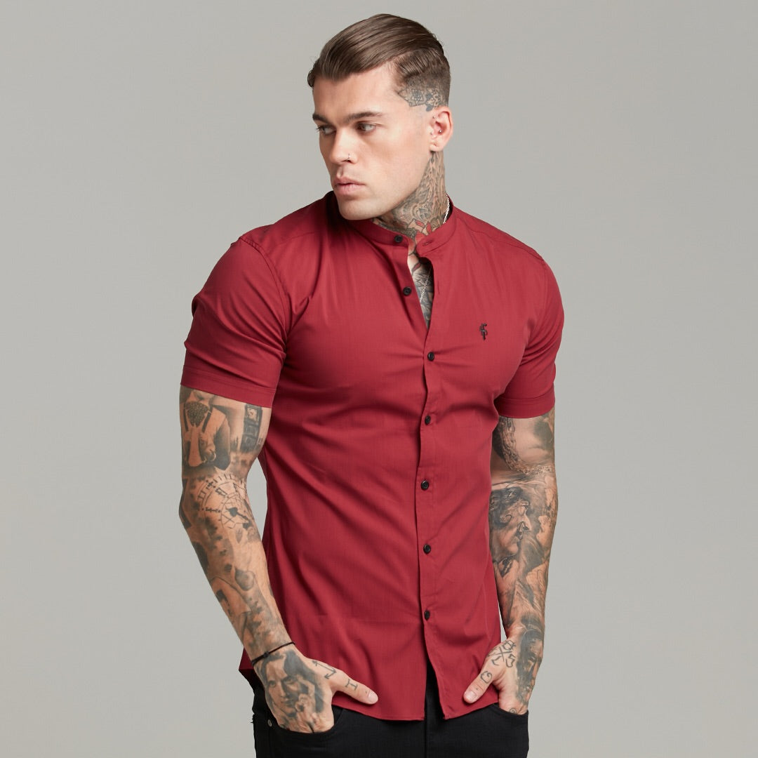 Super Slim Stretch Classic Oxblood Grandad Collar Short Sleeve - FS292